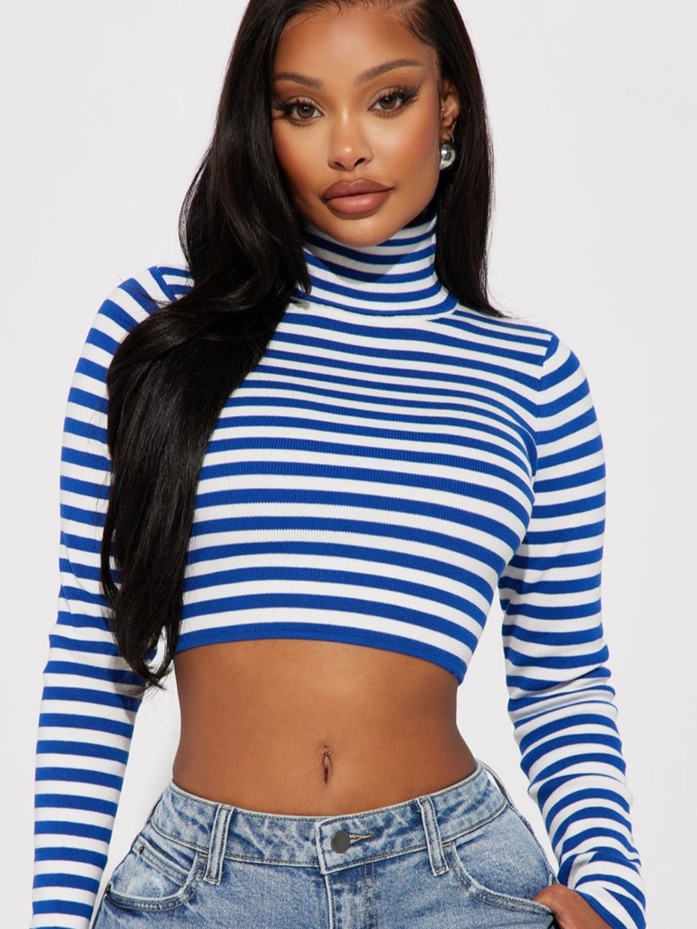 Fashion Nova Blue & White Striped Cropped Turtleneck